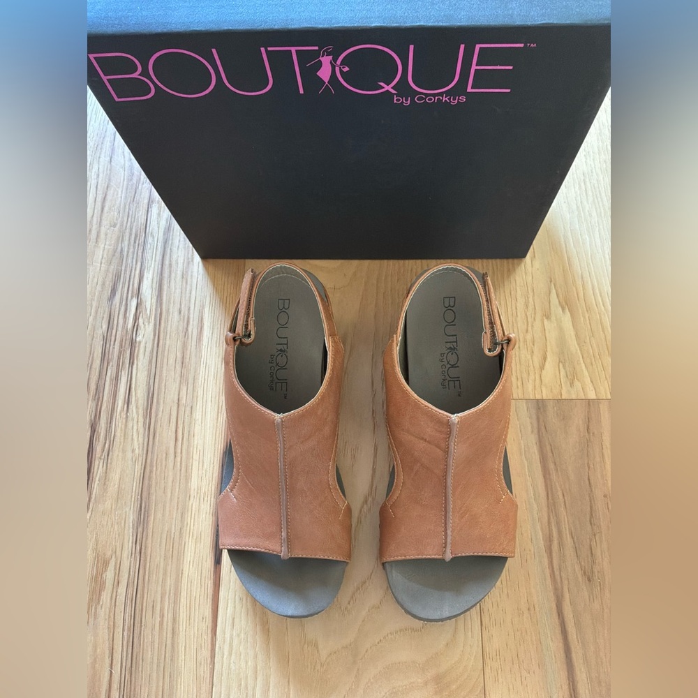 Boutique by Corkys Women's Tan Leather Wedge Sandals, Size 8